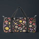 90s Smiley Faces Mushrooms Retro Pattern Duffle Bag<br><div class="desc">A bold retro 90s pattern featuring playful smiley faces and whimsical mushrooms set against a striking black background. Inspired by nostalgic 1990s graphics, this fun repeating design combines cheerful icons with a vibrant retro aesthetic. The contrast of bright elements on a dark background creates a trendy, eye-catching look perfect for...</div>