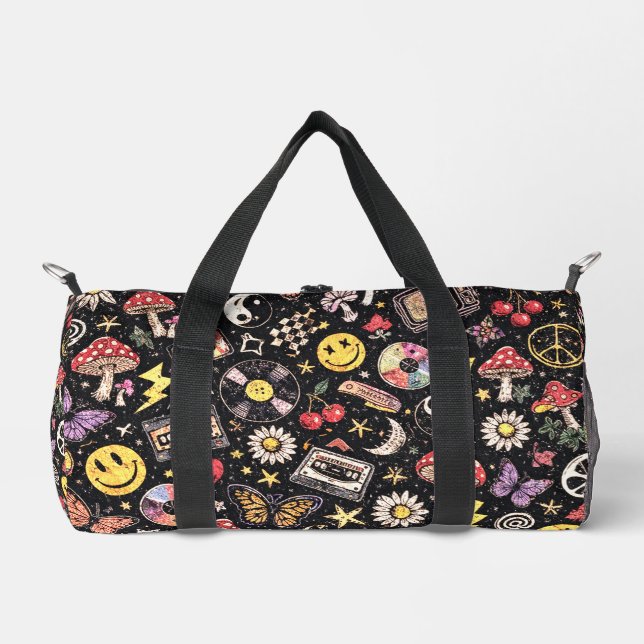 90s Smiley Faces Mushrooms Retro Pattern Duffle Bag (Vorderseite)