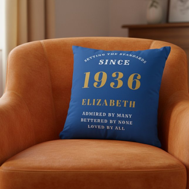 90th Birthday 1936 Add Name Blue Gold Personalized Kissen (1936 blue cushion on orange chair)