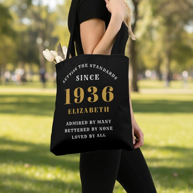 90th Birthday 1936 Black Gold For Her Personalized Tasche (Born 1936 birthday tote bag. Background out of focus.)