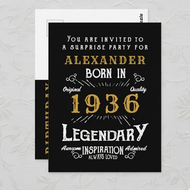 90th Birthday 1936 Black Gold Legend Invitation Postkarte (1936 birthday invitation postcard. Background white lace.)