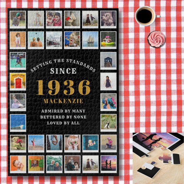 90th Birthday 1936 Family Memories Photo Collage (1936 photo collage jigsaw puzzle. Background red and white check cloth.)