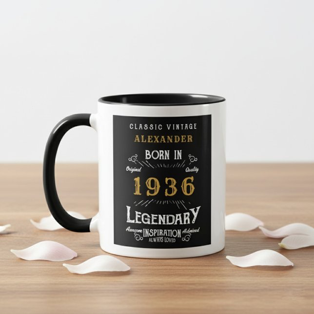 90th Birthday 1936 Legend Retro Black Personalized Tasse (Born 1936 birthday gift mug. White background wood table.)