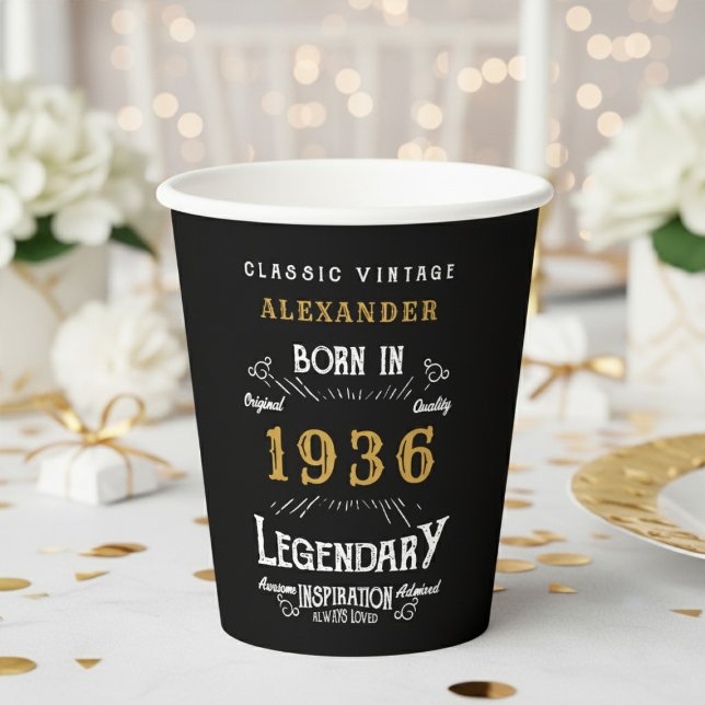 90th Birthday 1936 Legendary Retro Pappbecher (1936 birthday black paper cup with white and gold background)