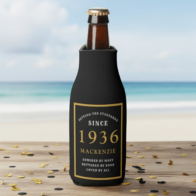 90th Birthday 1936 Name Elegant Chic Black Gold Flaschenkühler (Born 1936 bottle cooler. Beach background.)
