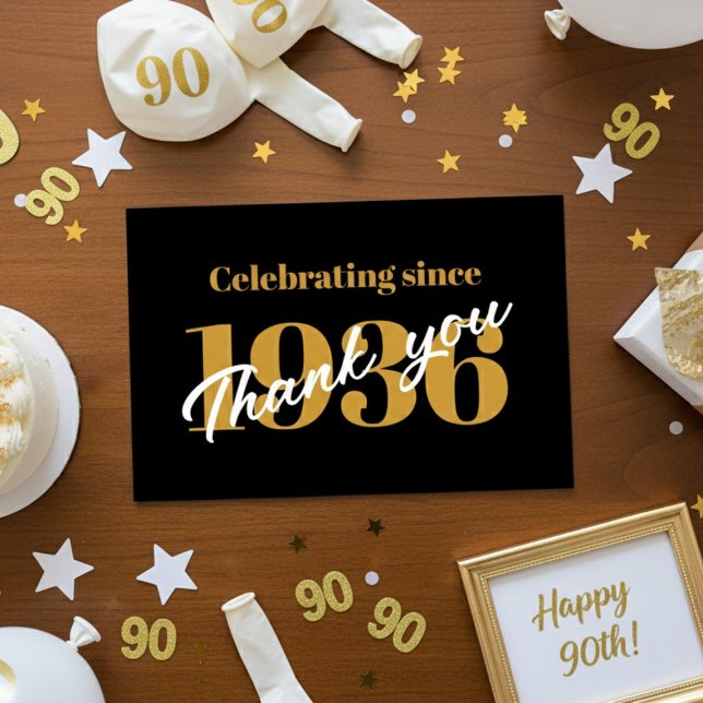 90th Birthday 1936 Retro Black And Gold Dankeskarte (1936 Thank you card on a table.)