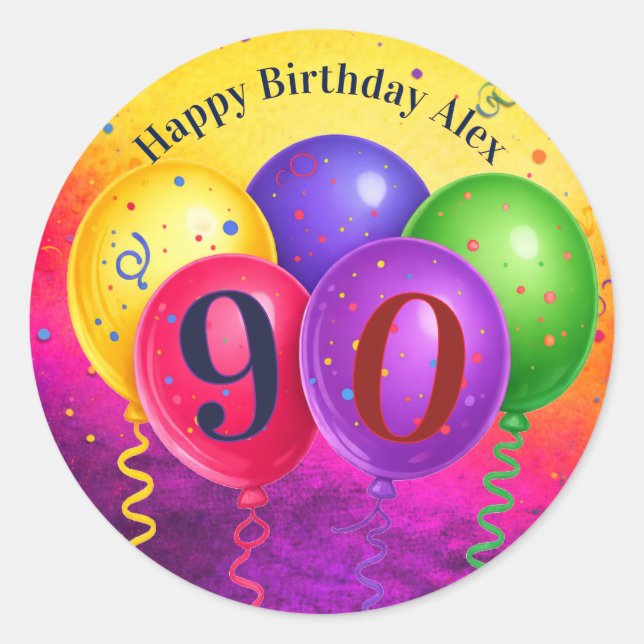 90th Birthday Balloon Confetti Party Runder Aufkleber (Vorderseite)