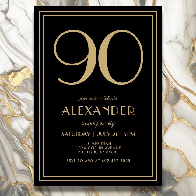 90th Birthday Black and Gold Modern Minimal Adult Einladung (Elegant black and gold 90th birthday invitation design for him or her.)