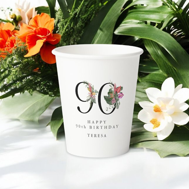 90th Birthday Cheers with Name Tropical Floral Pappbecher (Von Creator hochgeladen)