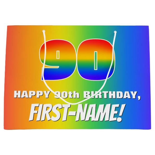 90th Birthday: Colorful, Fun Rainbow Pattern # 90 Große Geschenktüte (Vorderseite)
