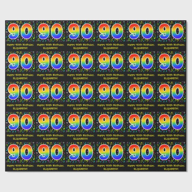 90th Birthday: Colorful Music Symbolik, Rainbow 90 Geschenkpapier (Flach)
