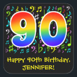90th Birthday: Colorful Music Symbolik, Rainbow 90 Quadratischer Aufkleber<br><div class="desc">Dieses lustige, lebendige und farbenfrohe Geburtstags-Thema Aufkleber Design verfügt über eine große Zahl "90" mit einem inspirierten Regenbogenspektrum-Gefälle, zusammen mit der Meldung "Happy 90 th Birthday", und einem individuelle Name. Ein Teil des Hintergrundes weist verschiedene Musiknoten und Symbole mit verschiedenen Farben und Größen auf. Spaß, individuell gestaltbare Geburtstagsaufkleber wie diese...</div>