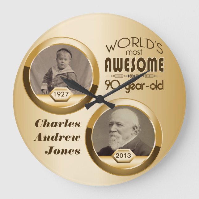 90th Birthday Customized Then Now Gold Photo Frame Große Wanduhr (Vorderseite)