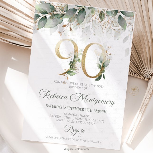 90th birthday Elegant Milestone invitation RSVP Karte (90th birthday invitation, editable sage green invitation, elegant floral design,  year old brunch, 9)