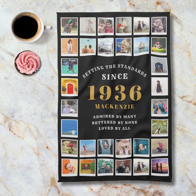 90th Birthday Family Memories Photo Collage  Geschirrtuch (1936 tea towel. Background marble worktop.)