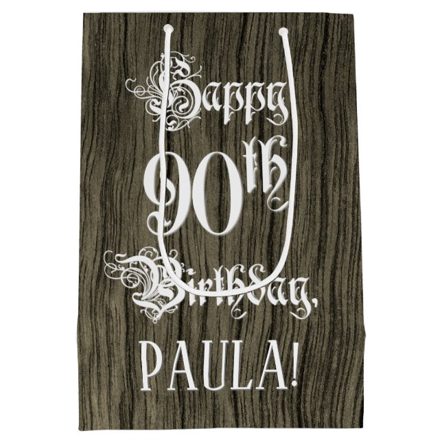 90th Birthday: Fancy, Faux Wood Look + Custom Name Mittlere Geschenktüte (Rückseite)
