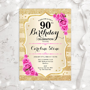 90th Birthday - Gold Stripes Pink Roses Invitation