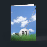 90th birthday golf ball in grass karte<br><div class="desc">White golf ball in green grass with golf club and sky background for 90th birthday.
Age number on golf ball can be edited.</div>