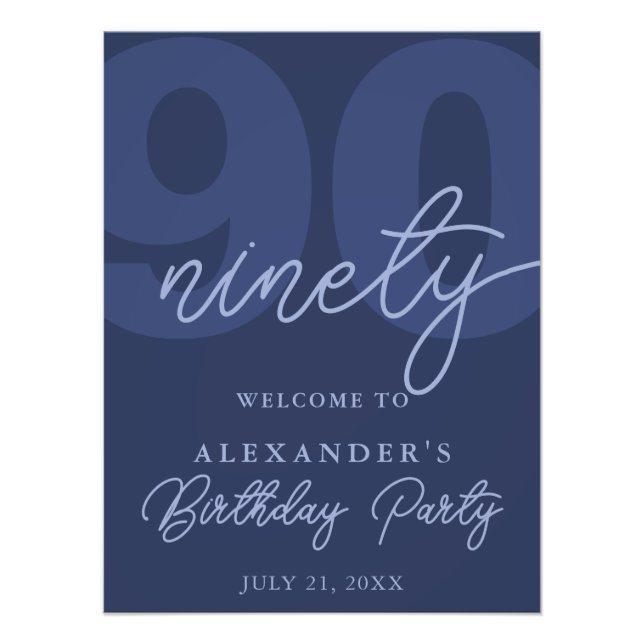 90th Birthday Modern Minimalist Navy Welcome Sign Fotodruck (Vorne)