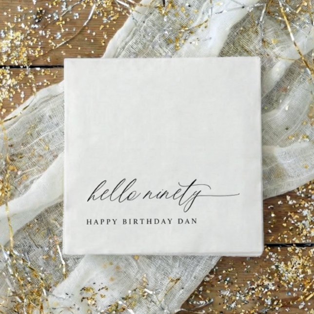 90th Birthday Party Hello 90 Modern Milestone Serviette (90th birthday party napkins - elegant modern black and white hello ninety birthday party decor.)