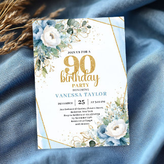 90th Birthday Party Invite Watercolor Blue Flowers Einladung