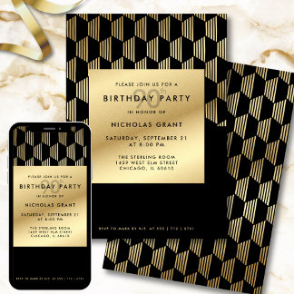 90th Birthday Party Modern Black and Gold Foil Einladung