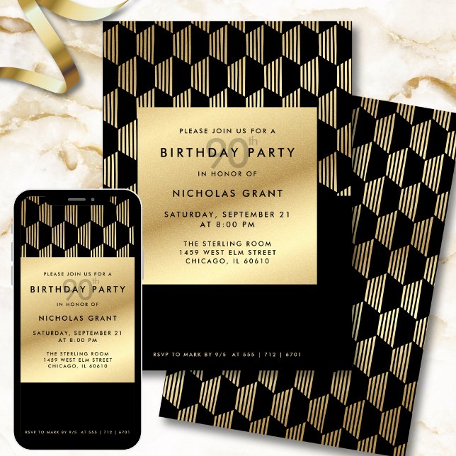 90th Birthday Party Modern Black and Gold Foil Einladung (Von Creator hochgeladen)
