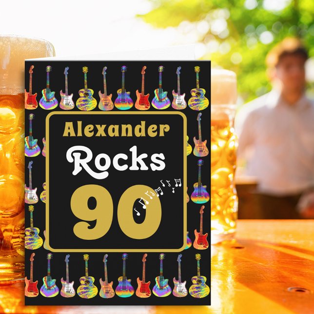 90th birthday Retro Groovy Guitar Personalized Karte (Music lovers Guitar 90th birthday personalized name rocks 90 black & gold rock and roll folded card)