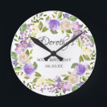 90th Birthday Rustic Purple Floral Runde Wanduhr<br><div class="desc">A gift or keepsake for a 90th birthday. Purple roses are nestled in green leaves. The name is written in beautiful calligraphy with 90th birthday and date below.</div>