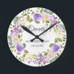 90th Birthday Rustic Purple Floral Runde Wanduhr<br><div class="desc">A gift or keepsake for a 90th birthday. Purple roses are nestled in green leaves. The name is written in beautiful calligraphy with 90th birthday and date below.</div>