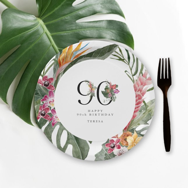 90th Birthday Simple Elegant Tropical Invitation Pappteller (Von Creator hochgeladen)