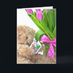 90th Birthday teddy bear with tulip bouquet Karte<br><div class="desc">Brown teddy bear with pink tulip bouquet a greeting card for 90th birthday begratulations</div>