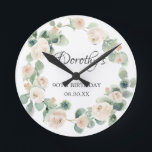 90th Birthday White Rose Floral Eucalyptus Wreath Runde Wanduhr<br><div class="desc">A gift or keepsake for a 90th birthday. White roses are nestled in green eucalyptus leaves. The name is written in beautiful calligraphy with 100th birthday and date below.</div>