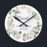 90th Birthday White Rose Floral Eucalyptus Wreath Runde Wanduhr<br><div class="desc">A gift or keepsake for a 90th birthday. White roses are nestled in green eucalyptus leaves. The name is written in beautiful calligraphy with 100th birthday and date below.</div>
