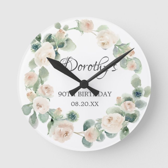 90th Birthday White Rose Floral Eucalyptus Wreath Runde Wanduhr (Vorderseite)