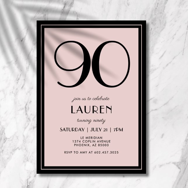 90th Birthday Women's Modern Minimal Black Pink Einladung (A chic black and pink invitation that blends modern minimal design with elegance.)