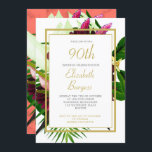 90TH Gold Coral Floral Elegant Moderner Geburtstag Einladung<br><div class="desc">Ein korallenstrukturiertes Muster ist der Hintergrund für diese große blumengeschmückte,  lebende Korallenbukett aus dem 90. Geburtstag. Ein elegantes modernes Design,  das sich leicht an Ihre eigenen Informationen anpassen lässt. Ein modernes,  elegantes Design von Just Fine Designs</div>