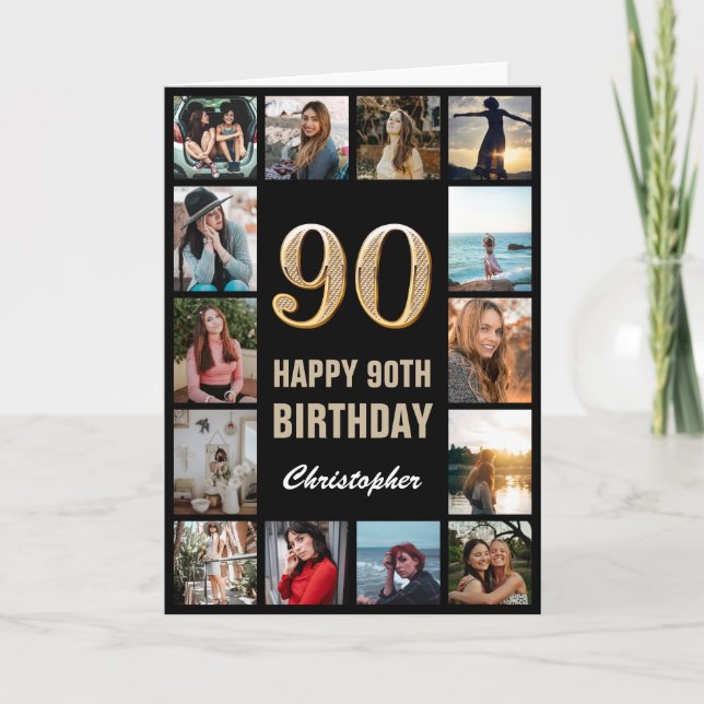 90th Happy Birthday Black and Gold Foto Collage Karte (Vorderseite)