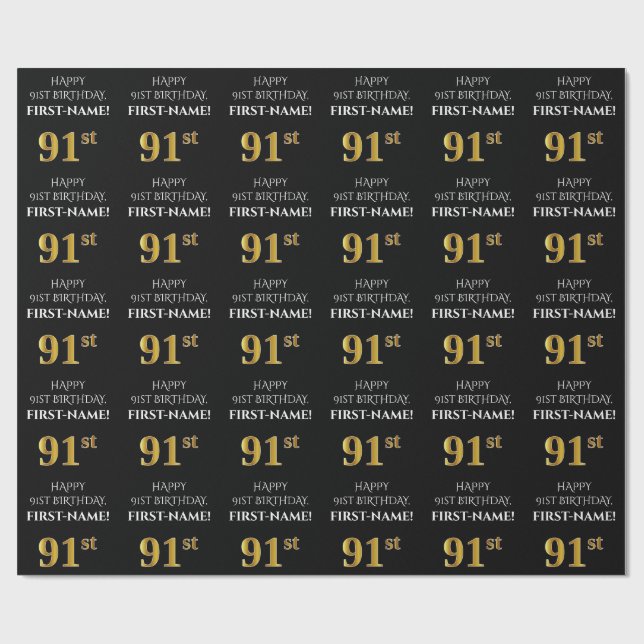 91. Geburtstag: Elegant, schwarz, Imitate Gold Loo Geschenkpapier (Flach)