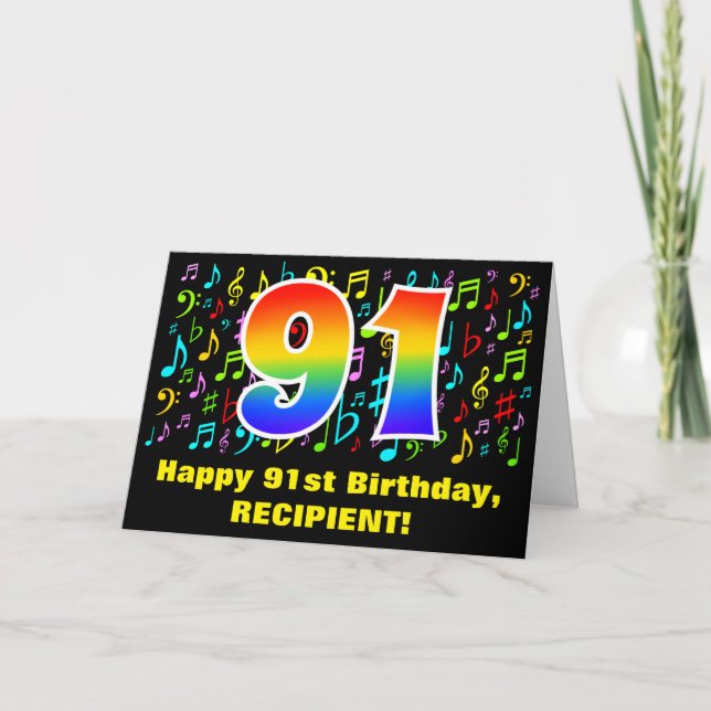 91. Geburtstag: Farbige Musiksymbole & Regenbogen  Karte (Vorderseite)