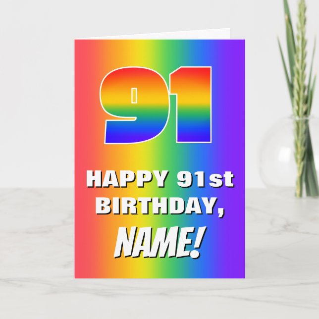 91. Geburtstag: Farbiges, lustiges Regenbogenmuste Karte (Vorderseite)