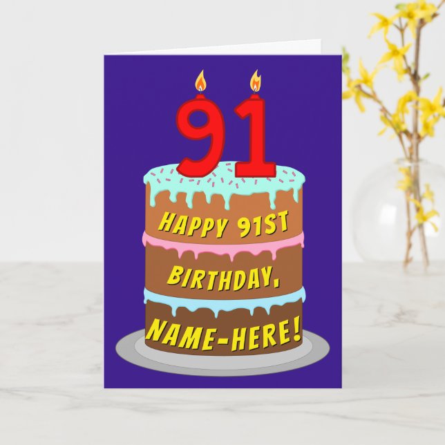 91. Geburtstag: Fun Cake and Candles + Individuell Karte (Gelbe Blume)