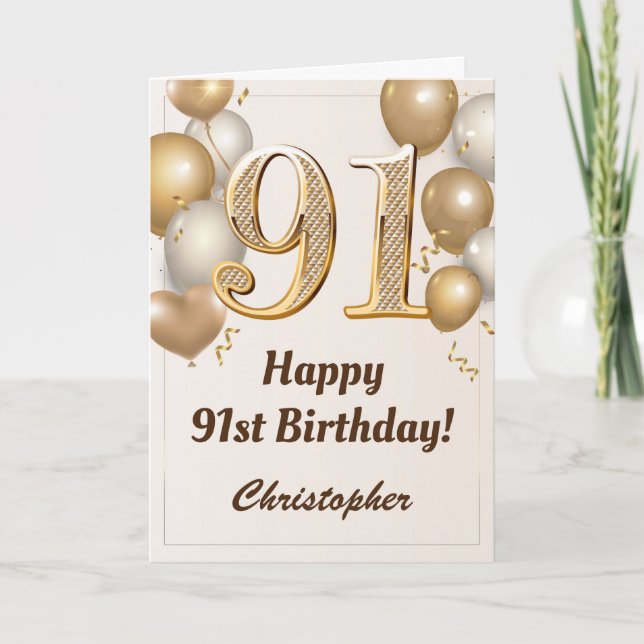 91. Geburtstag Gold Ballons und Confetti Geburtsta Karte (Vorderseite)
