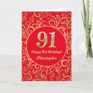 91. Geburtstag Navy Red and Gold Floral Muster Karte