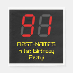 91. Geburtstag: Rote Digitaluhr-Art "91" + Name Serviette