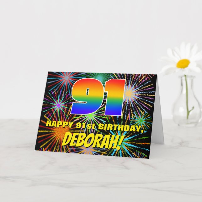 91. Geburtstag: Spaß, bunte feierliche Feuerwerke Karte (Kleine Pflanze)