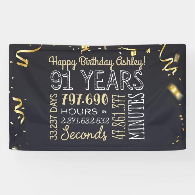 91 Jahre - Elegant Black & Gold - 91. Geburtstag Banner (Horizontal)