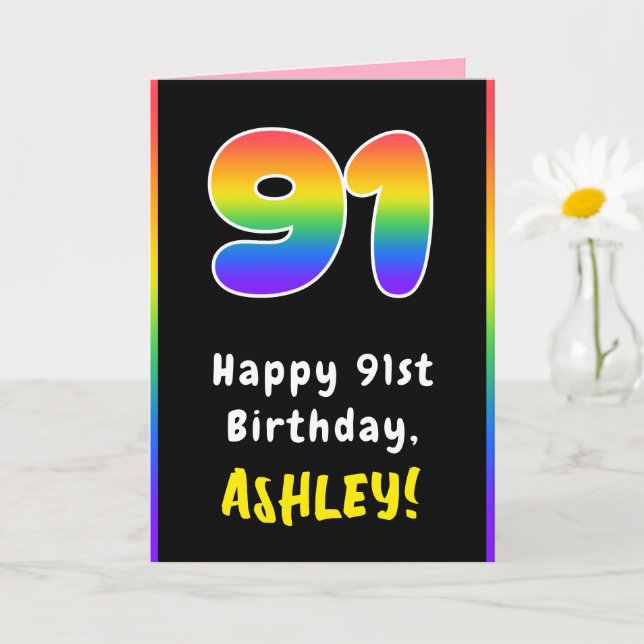 91st Birthday: Colorful Rainbow # 91, Custom Name Karte (Kleine Pflanze)
