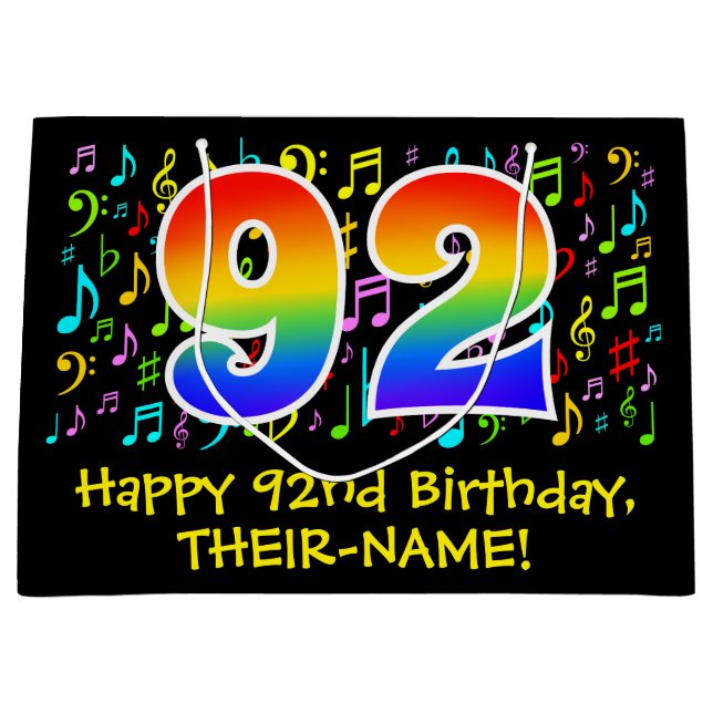 92. Geburtstag - Farbige Musiksymbole, Regenbogen  Große Geschenktüte (Vorderseite)