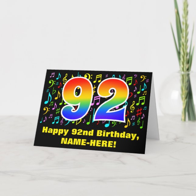 92. Geburtstag: Farbige Musiksymbole & Regenbogen  Karte (Vorderseite)